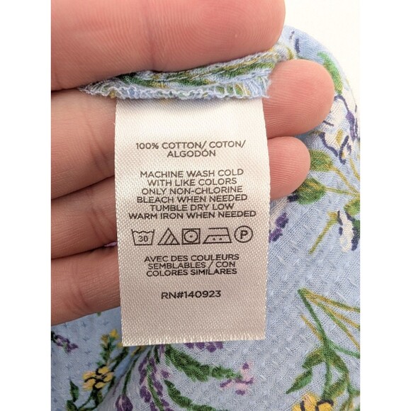 Loft Blue Floral Ruffle Short Sleeve Whimsical Floral Flowy Tie Blouse Size L - Picture 6 of 6